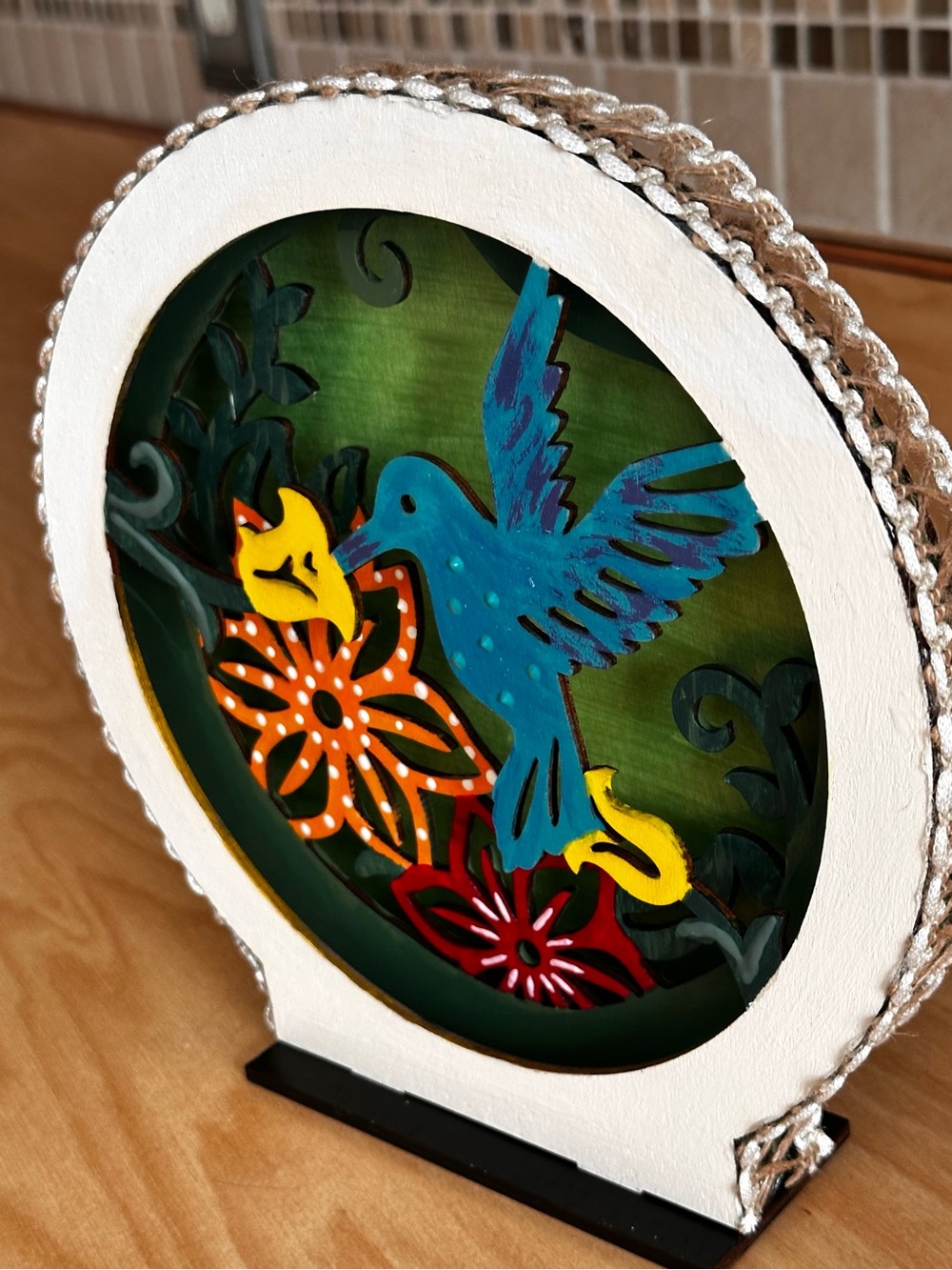 Hand Crafted Blue Hummingbird with Orange & Yellow Flowers 3d Shadow Box decor - Picture 7 of 15